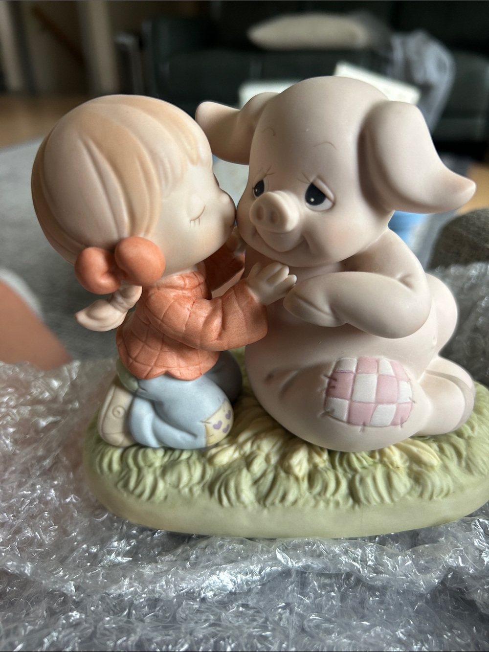 Precious Moments Porcelain Girl and Pig Figurine - Cream & Peach & Light Blue